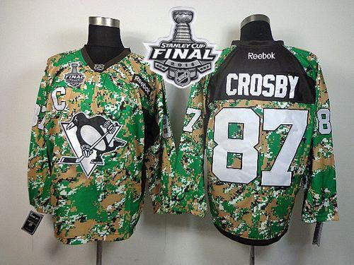 Penguins #87 Sidney Crosby Camo Veterans Day Practice 2016 Stanley Cup Final Patch Stitched NHL Jersey