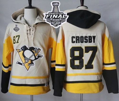 Penguins #87 Sidney Crosby Cream Gold Sawyer Hooded Sweatshirt 2017 Stanley Cup Final Patch Stitched NHL Jersey
