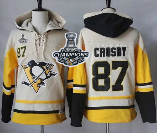 Penguins #87 Sidney Crosby Cream Gold Sawyer Hooded Sweatshirt 2017 Stanley Cup Finals Champions Stitched NHL Jersey