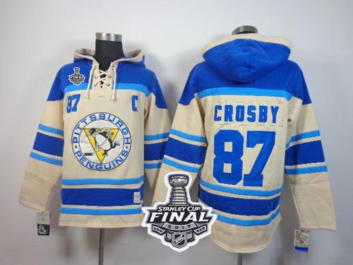 Penguins #87 Sidney Crosby Cream Sawyer Hooded Sweatshirt 2017 Stanley Cup Final Patch Stitched NHL Jersey