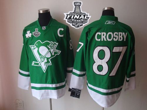 Penguins #87 Sidney Crosby Green St Patty's Day 2016 Stanley Cup Final Patch Stitched NHL Jersey