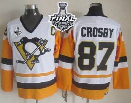 Penguins #87 Sidney Crosby White Black CCM Throwback 2016 Stanley Cup Final Patch Stitched NHL Jersey