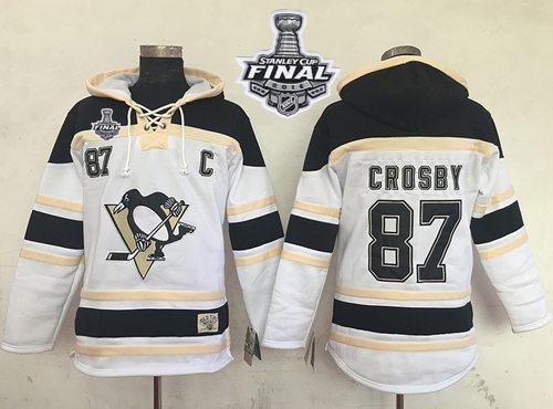 Penguins #87 Sidney Crosby White Sawyer Hooded Sweatshirt 2016 Stanley Cup Final Patch Stitched NHL Jersey