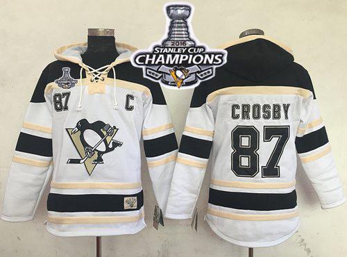 Penguins #87 Sidney Crosby White Sawyer Hooded Sweatshirt 2016 Stanley Cup Final Patch Stitched NHL Jersey