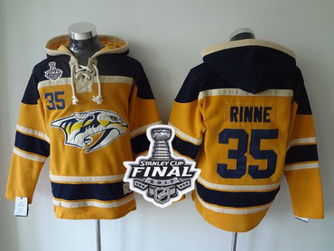Predators #35 Pekka Rinne Yellow Sawyer Hooded Sweatshirt 2017 Stanley Cup Final Patch Stitched NHL Jersey