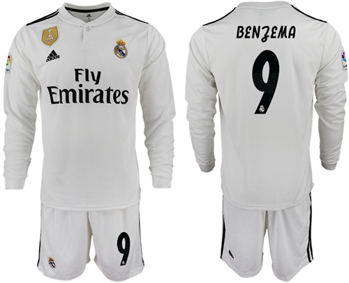 Real Madrid #9 Benzema White Home Long Sleeves Soccer Club Jersey