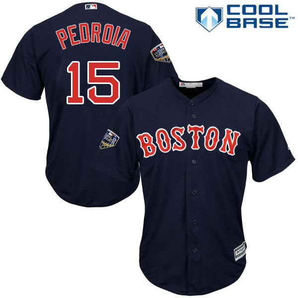 Red Sox #15 Dustin Pedroia Navy Blue New Cool Base 2018 World Series Stitched MLB Jersey Red Sox #15 Dustin Pedroia Navy Blue New Cool Base 2018 World Series Stitched MLB Jersey