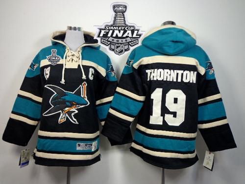 Sharks #19 Joe Thornton Black Sawyer Hooded Sweatshirt 2016 Stanley Cup Final Patch Stitched Youth NHL Jersey Sharks #19 Joe Thornton Black Sawyer Hooded Sweatshirt 2016 Stanley Cup Final Patch Stitched Youth NHL Jersey