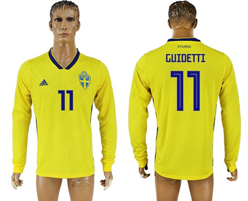 Sweden #11 Guidetti Home Long Sleeves Soccer Country Jersey Sweden #11 Guidetti Home Long Sleeves Soccer Country Jersey