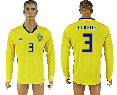 Sweden #3 Lindelof Home Long Sleeves Soccer Country Jersey Sweden #3 Lindelof Home Long Sleeves Soccer Country Jersey