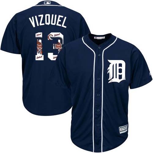Tigers #13 Omar Vizquel Navy Blue Team Logo Fashion Stitched MLB Jersey