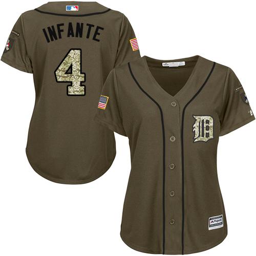 Tigers #4 Omar Infante Green Salute to Service Women's Stitched MLB Jersey Tigers #4 Omar Infante Green Salute to Service Women's Stitched MLB Jersey