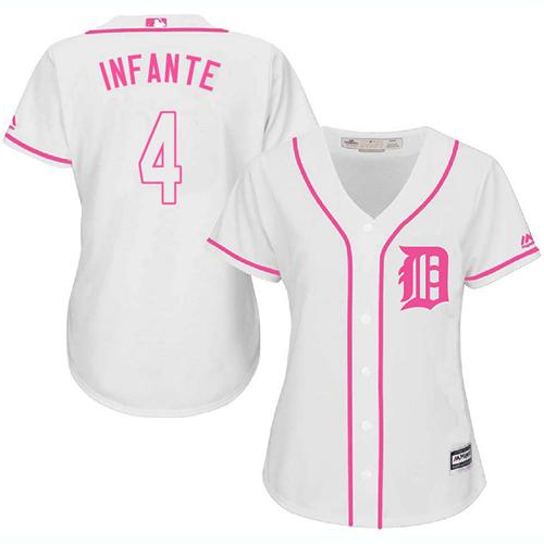 Tigers #4 Omar Infante White Pink Fashion Women's Stitched MLB Jersey Tigers #4 Omar Infante White Pink Fashion Women's Stitched MLB Jersey
