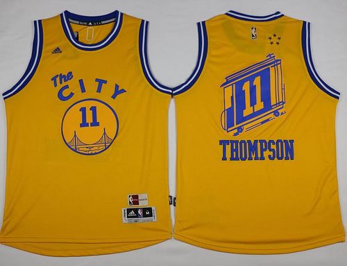 Warriors #11 Klay Thompson Gold Throwback The City Stitched NBA Jersey
