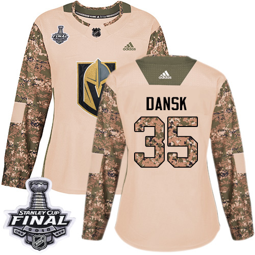 Women's Adidas Golden Knights #35 Oscar Dansk Camo Authentic 2017 Veterans Day 2018 Stanley Cup Final Women's Stitched NHL Jersey