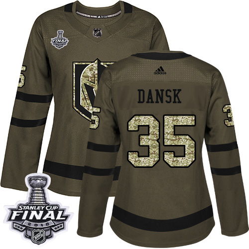 Women's Adidas Golden Knights #35 Oscar Dansk Green Salute to Service 2018 Stanley Cup Final Women's Stitched NHL Jersey