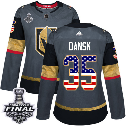 Women's Adidas Golden Knights #35 Oscar Dansk Grey Home Authentic USA Flag 2018 Stanley Cup Final Women's Stitched NHL Jersey