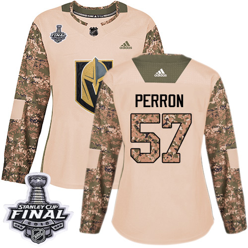 Women's Adidas Golden Knights #57 David Perron Camo Authentic 2017 Veterans Day 2018 Stanley Cup Final Women's Stitched NHL Jersey