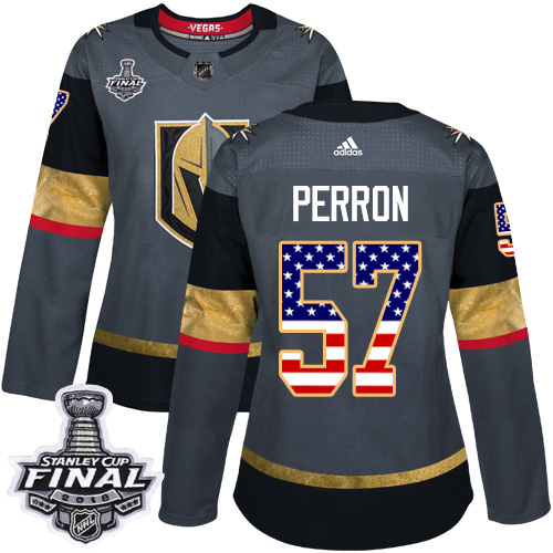Women's Adidas Golden Knights #57 David Perron Grey Home Authentic USA Flag 2018 Stanley Cup Final Women's Stitched NHL Jersey
