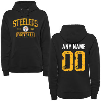 Women's Black Pittsburgh Steelers Distressed Custom Name & Number Pullover Hoodie