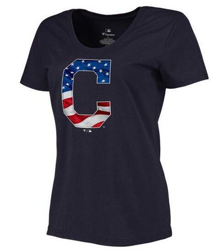 Women's Cleveland Indians USA Flag Fashion T-Shirt Navy Blue