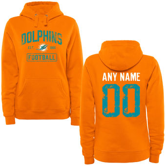 Women's Orange Miami Dolphins Distressed Custom Name & Number Pullover Hoodie