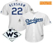 Youth Los Angeles Dodgers Clayton Kershaw Majestic White 2017 World Series Patch Cool Base Player Jersey