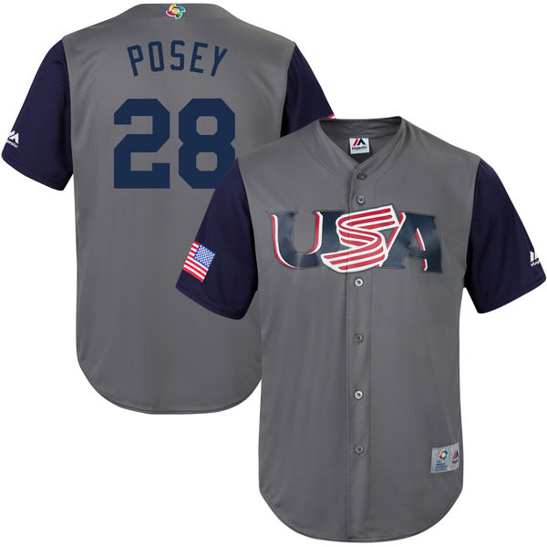 Team USA #28 Posey Gray 2017 World Baseball Classic Authentic Customized Stitched MLB Jersey